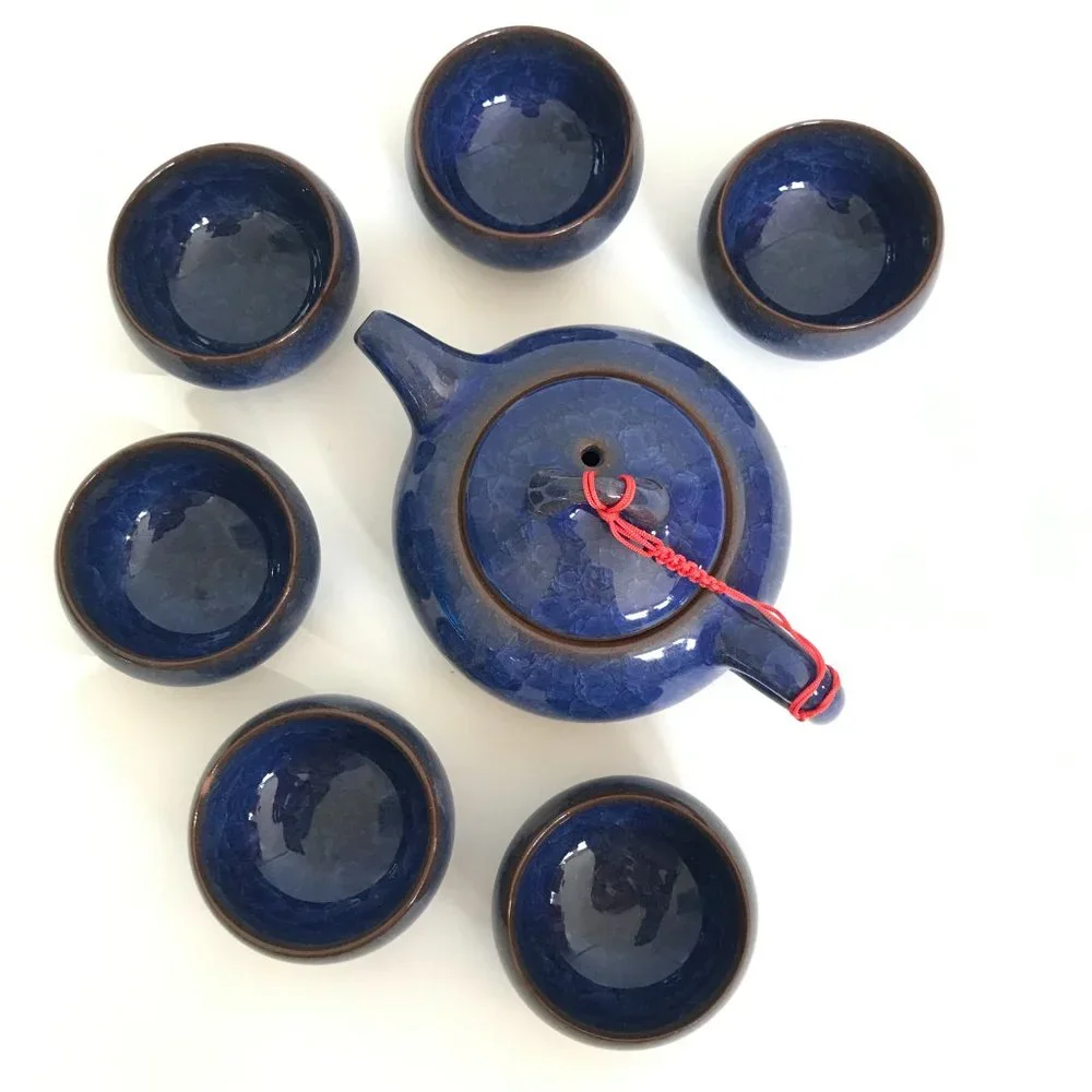 Asian Blue Ice Crackle Glazed Terracotta Teapot and Tea Cup Set - 7 Pieces - Picture 5 of 11